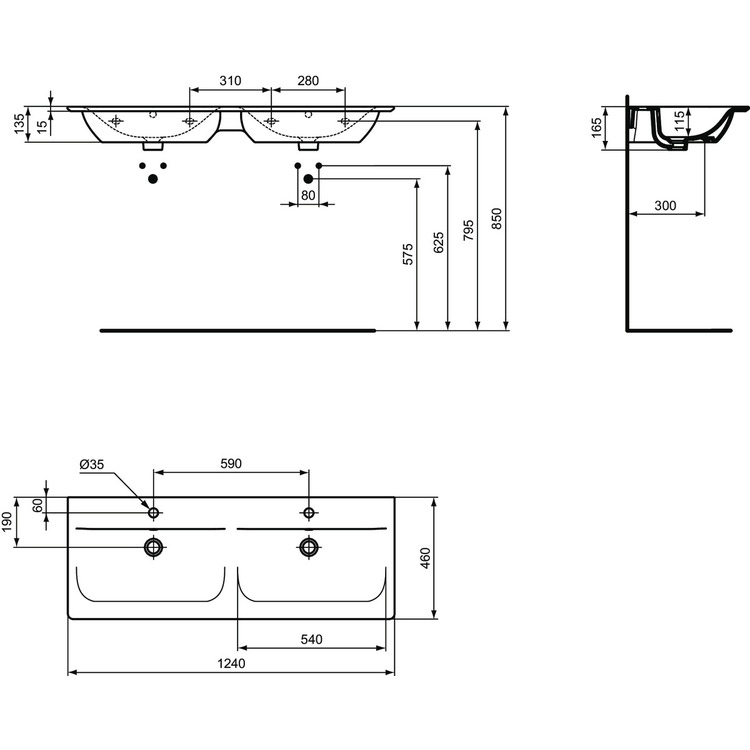 Ideal Standard E027301 CONNECT AIR lavabo top 120 cm, con doppio bacino,  monoforo per doppia rubinetteria, con troppopieno, colore bianco