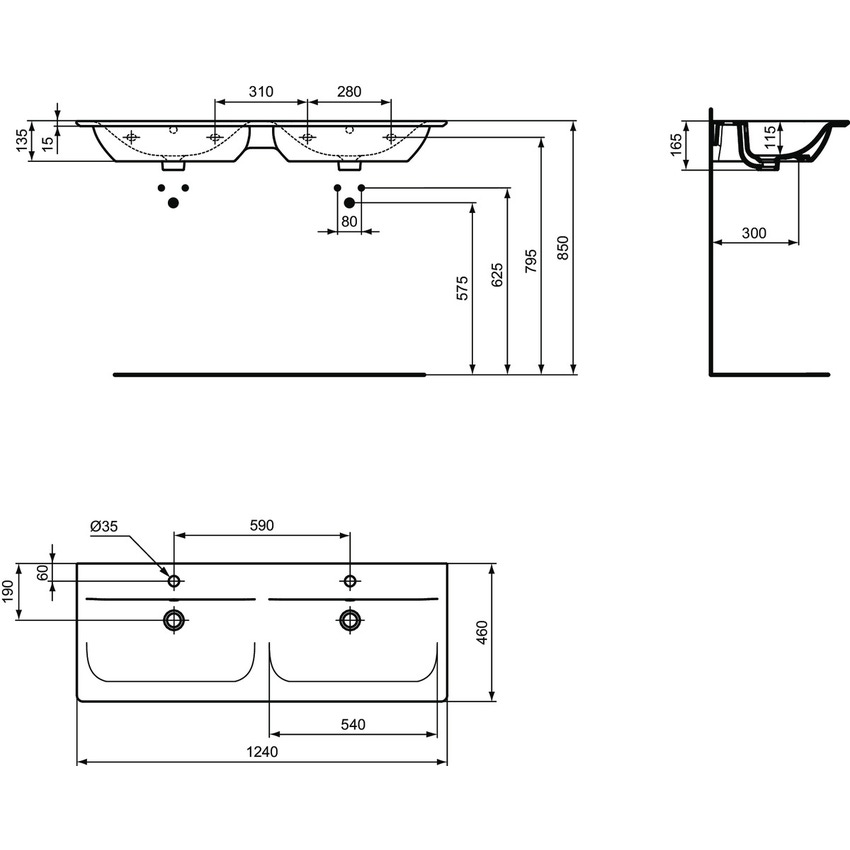 Immagine di Ideal Standard CONNECT AIR lavabo top 120 cm, con doppio bacino, monoforo per doppia rubinetteria, con troppopieno, colore bianco E027301