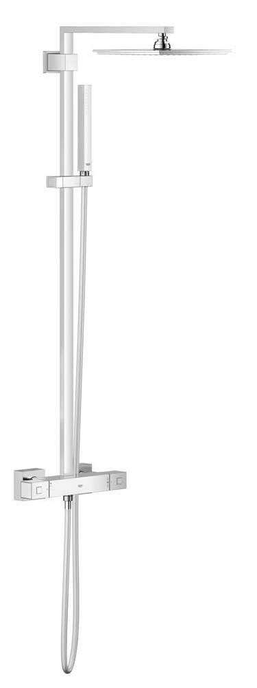 Immagine di Grohe EUPHORIA CUBE SYSTEM 230 sistema doccia con miscelatore termostatico, braccio doccia, soffione doccia 23 cm, manopola doccia e flessibile 175 cm, finitura cromo 26087000