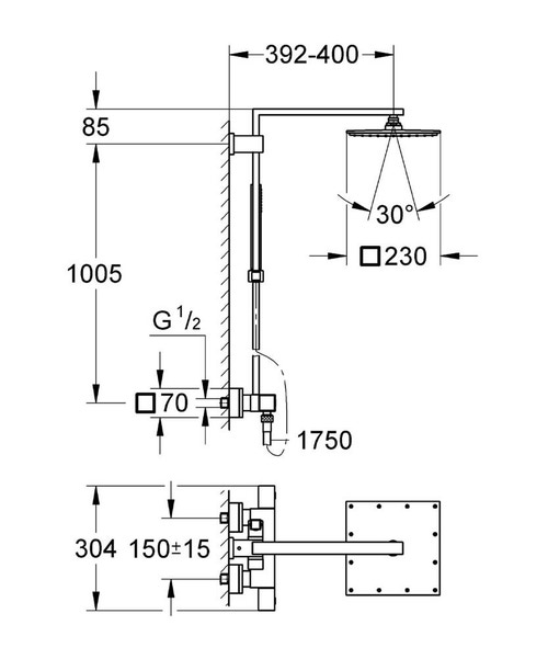 Immagine di Grohe EUPHORIA CUBE SYSTEM 230 sistema doccia con miscelatore termostatico, braccio doccia, soffione doccia 23 cm, manopola doccia e flessibile 175 cm, finitura cromo 26087000