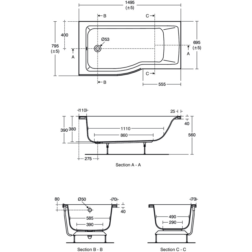 Immagine di Ideal Standard CONNECT AIR vasca 150 cm asimmetrica a sinistra, per installazione ad incasso, colore bianco T362501