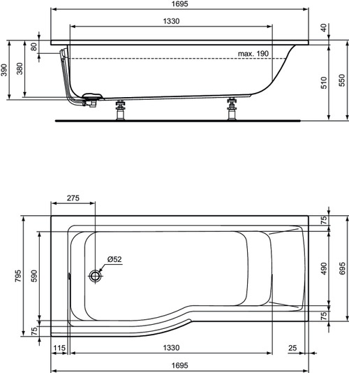 Immagine di Ideal Standard CONNECT AIR vasca 170 cm asimmetrica a sinistra, per installazione ad incasso, colore bianco E113401