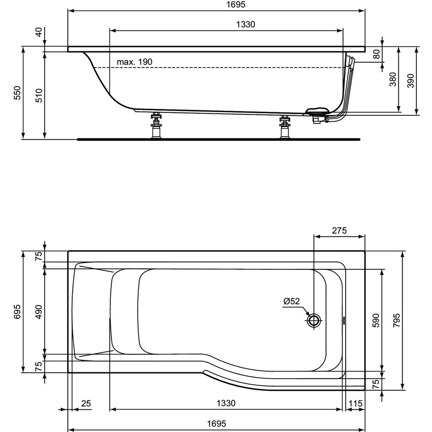 Immagine di Ideal Standard CONNECT AIR vasca 170 cm asimmetrica a destra, per installazione ad incasso, colore bianco E113501