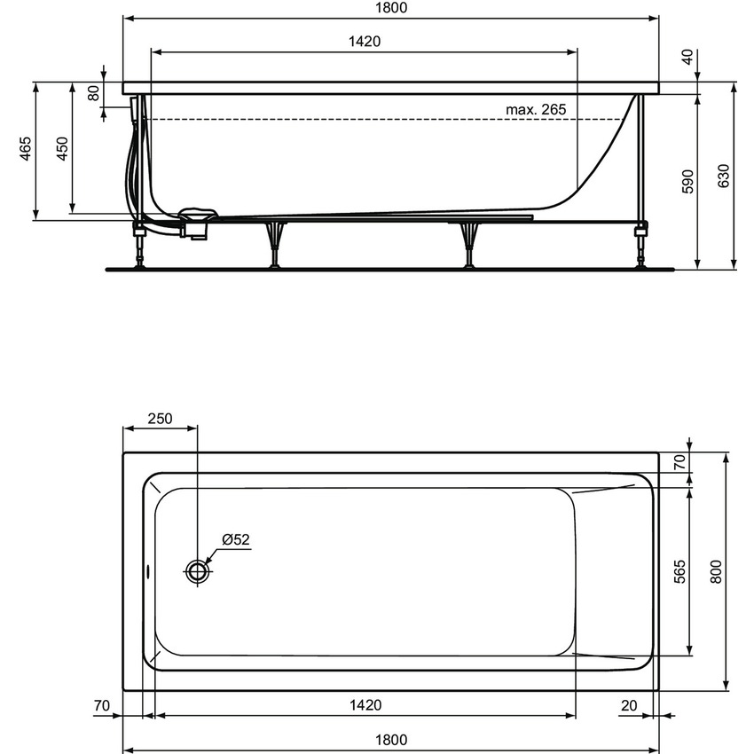 Immagine di Ideal Standard CONNECT AIR vasca L.180 P.80 cm rettangolare, con telaio, colonna e pannelli, colore bianco finitura lucido T362301