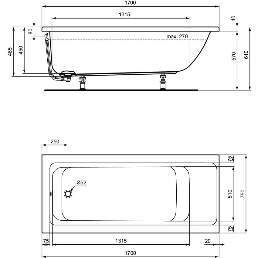 Ideal Standard E106401 CONNECT AIR vasca L.170 P.75 cm rettangolare, per  installazione ad incasso, colore bianco