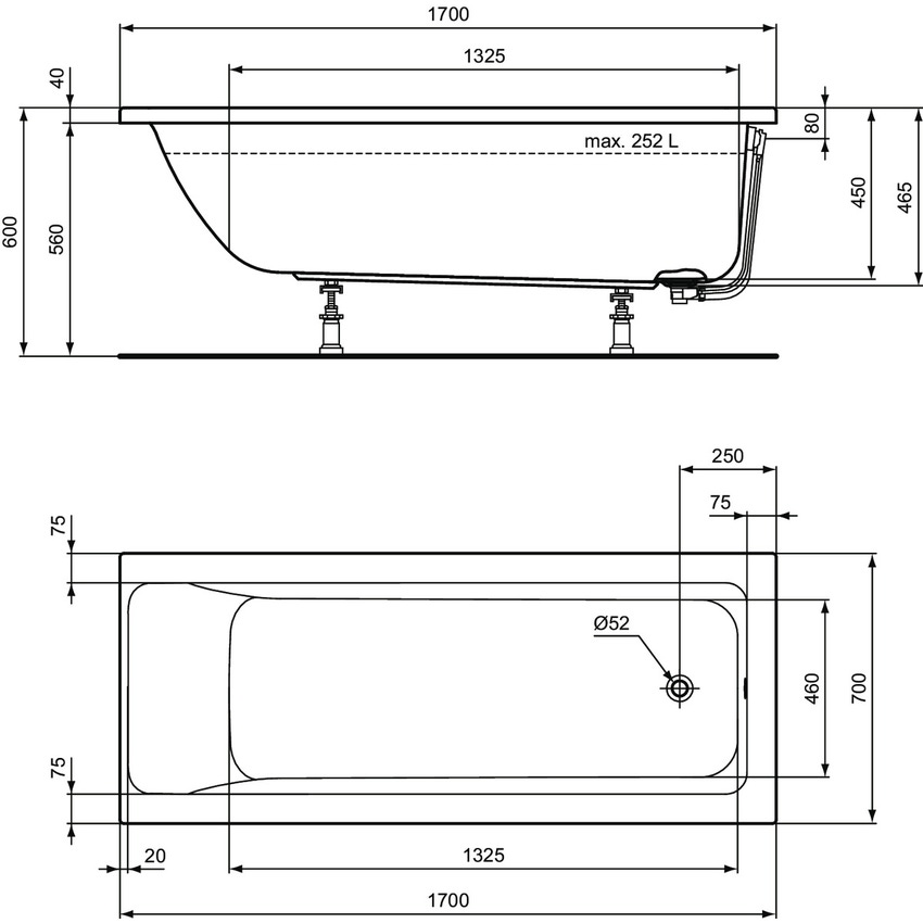 Immagine di Ideal Standard CONNECT AIR vasca L.170 P.70 cm rettangolare, per installazione ad incasso, colore bianco T361701