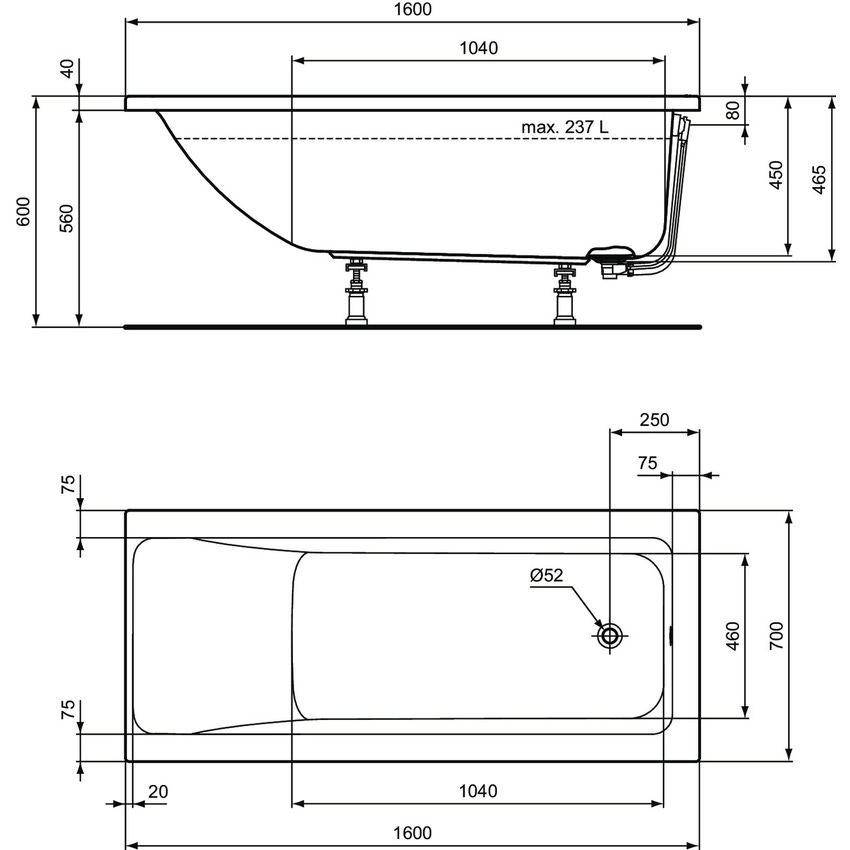 Immagine di Ideal Standard CONNECT AIR vasca L.160 P.70 cm rettangolare, per installazione ad incasso, colore bianco T361501