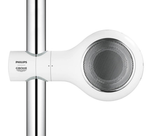 Immagine di Grohe Aquatunes Speaker altoparlante Bluetooth PHILIPS, resistente all'acqua, resistente agli urti, base per ricarica a induzione e adattatore per aste doccia finitura bianco 26268LV0
