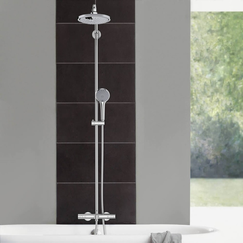 Immagine di Grohe Euphoria System Colonna Doccia Con Miscelatore Termostatico, Soffione Ø 180 mm e Bocca Vasca, Manopola Doccia Monogetto, Cromo, GROHE EcoJoy® finitura cromo 27475000