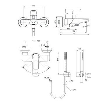 Immagine di Ideal Standard CONNECT AIR miscelatore monocomando esterno per vasca/doccia, finitura cromo A7056AA