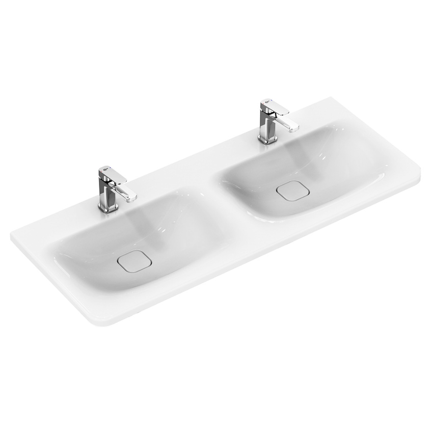 Immagine di Ideal Standard TONIC II lavabo top 120 cm con doppio bacino, monoforo per doppia rubinetteria, senza troppopieno, colore bianco K087001