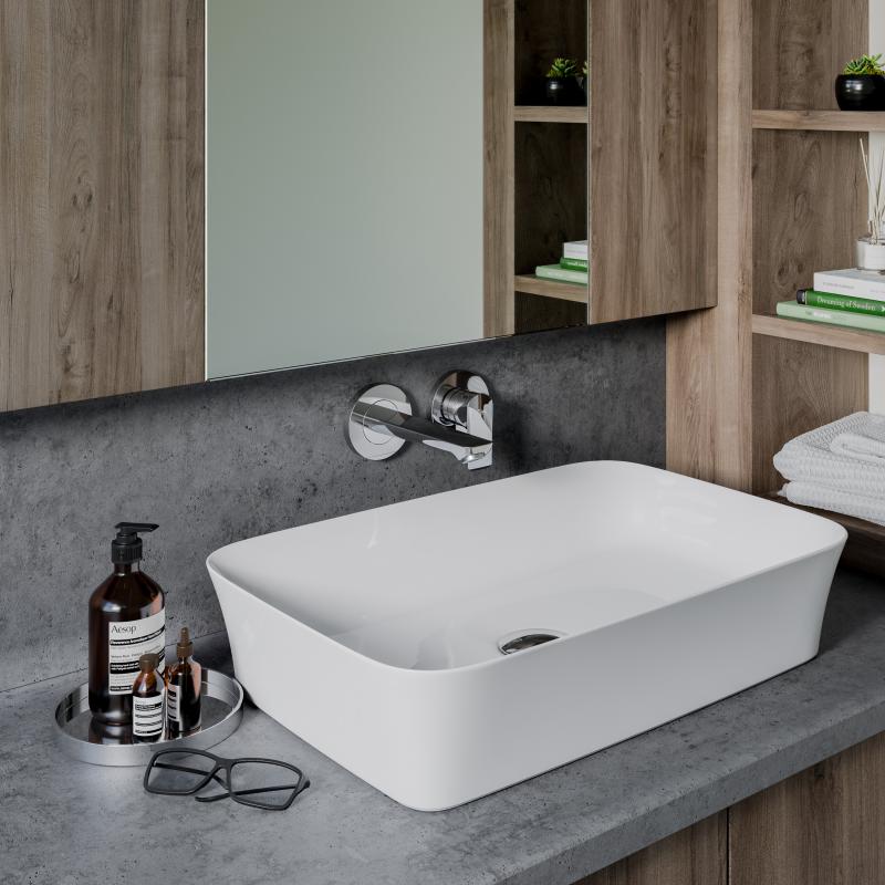 Ideal Standard CONCA composizione bagno: lavabo d’appoggio L.65 P.40 cm,  colore bianco, miscelatore a parete, mobile sottolavabo L.120 cm, finitura