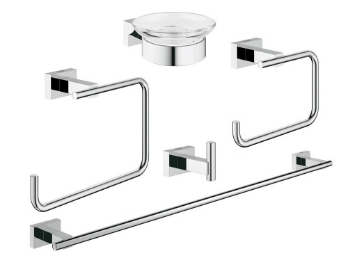 Immagine di Grohe Essentials Cube Set accessori (5 in 1) per il bagno padronale, finitura cromata, fissaggio nascosto 40758001