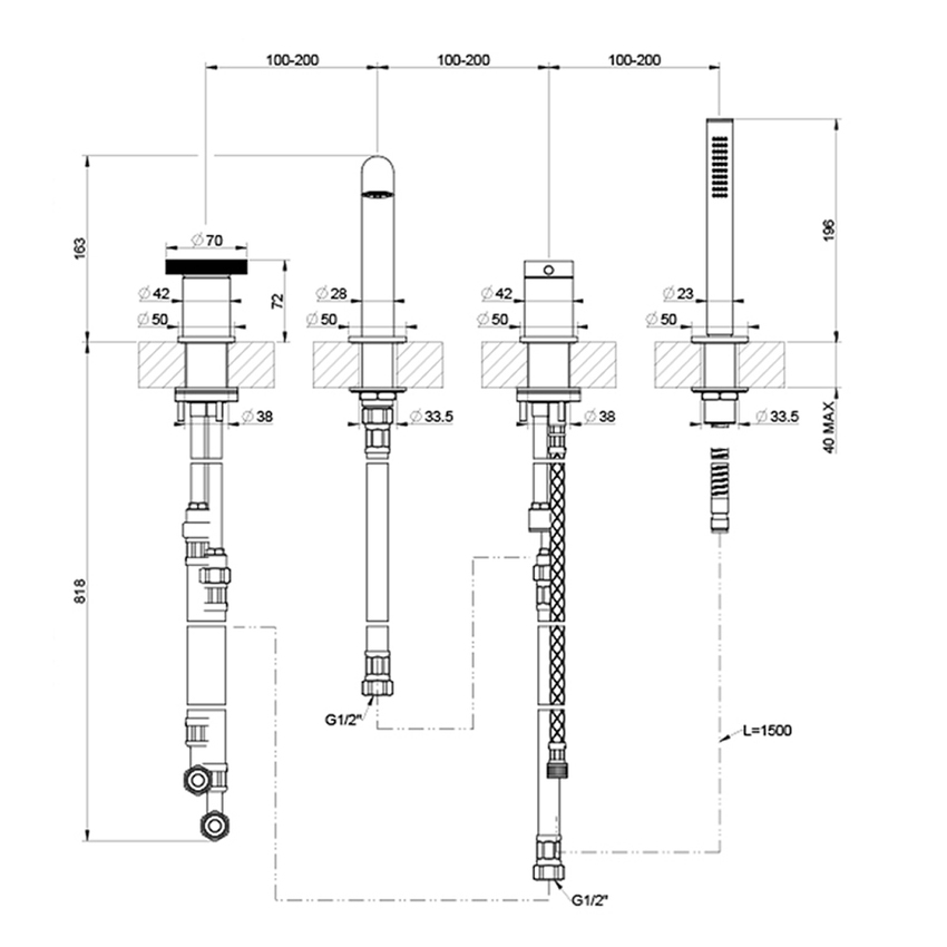 Immagine di Gessi ANELLO gruppo bordo vasca 4 fori con bocca di erogazione, deviatore, flessibile 150 cm e doccetta anticalcare, finitura cromo 63337#031