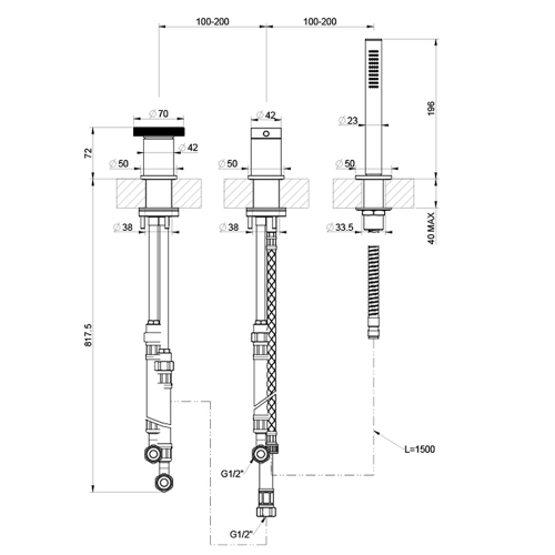 Immagine di Gessi ANELLO gruppo bordo vasca, tre fori, con deviatore, flessibile 150 cm e doccetta anticalcare, erogazione alla colonna vasca, finitura cromo 63347#031