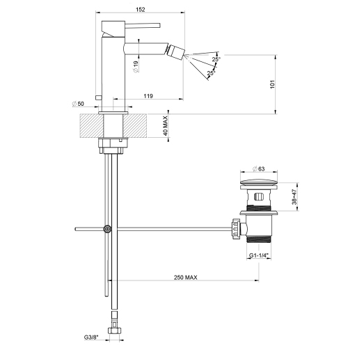 Immagine di Gessi 316 FLESSA miscelatore bidet, con scarico e flessibili di collegamento, finitura steel brushed  54007#239