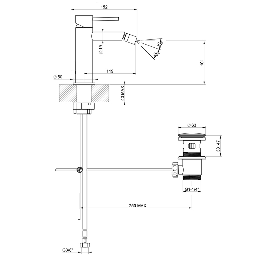 Immagine di Gessi 316 FLESSA miscelatore bidet, con scarico e flessibili di collegamento, finitura steel brushed  54007#239