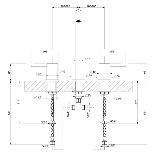Immagine di Gessi 316 FLESSA gruppo lavabo H.27 cm, tre fori, senza scarico, con flessibili di collegamento, finitura Copper Brushed PVD 54011#708