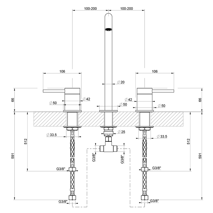 Immagine di Gessi 316 FLESSA gruppo lavabo H.27 cm, tre fori, senza scarico, con flessibili di collegamento, finitura Copper Brushed PVD 54011#708