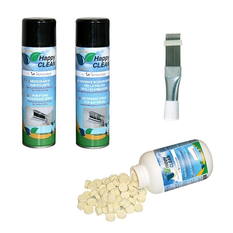 Tecnosystemi KIT sanificazione e manutenzione climatizzatore composto da spray detergente e deodorante, pastiglie sanificanti e pettine per alette in acciaio KITSAN01