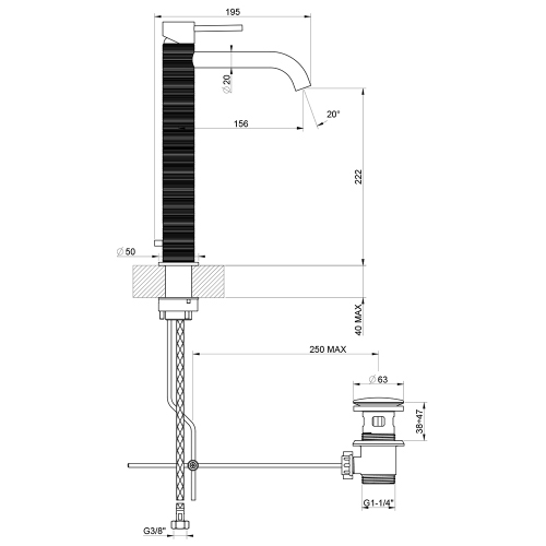 Immagine di Gessi 316 TRAME miscelatore lavabo P.20 cm, con scarico e flessibili di collegamento, finitura steel brushed 54303#239