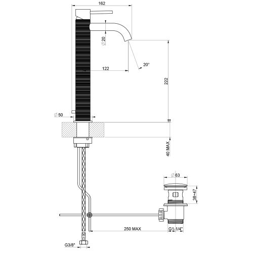 Immagine di Gessi 316 TRAME miscelatore lavabo P.16 cm, con scarico e flessibili di collegamento, finitura steel brushed 54304#239