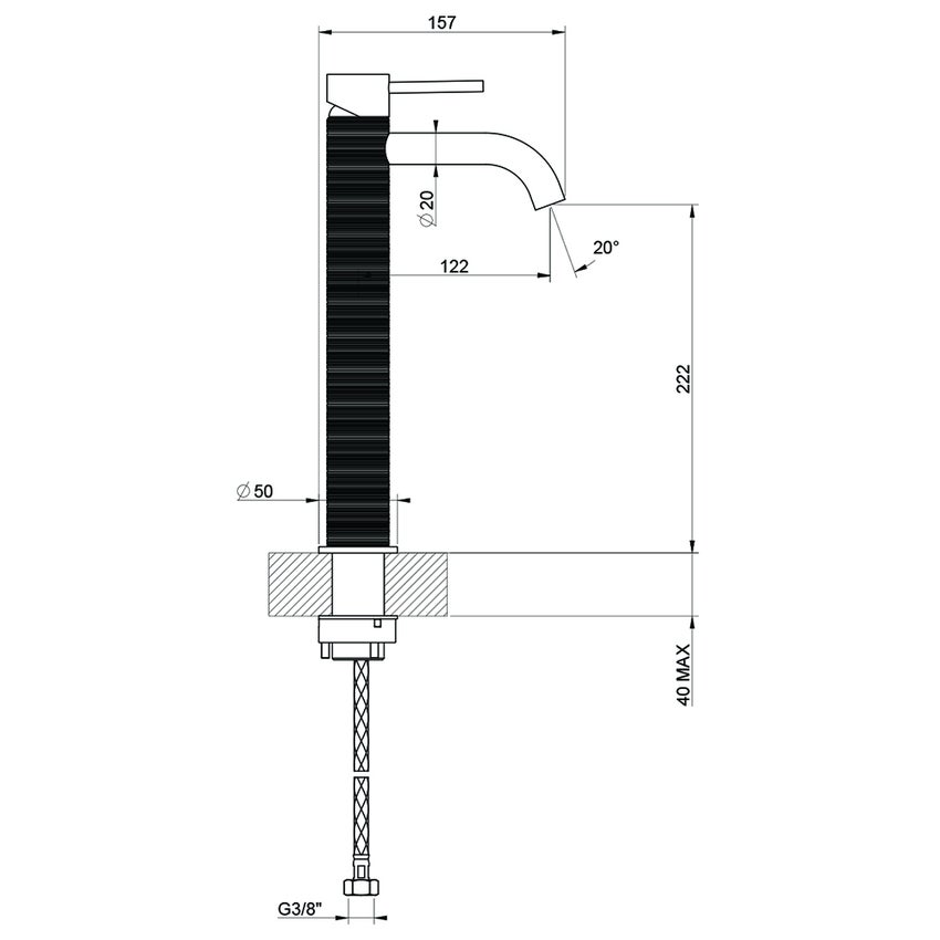 Immagine di Gessi 316 TRAME miscelatore lavabo P.16 cm, senza scarico, con flessibili di collegamento, finitura steel brushed 54309#239