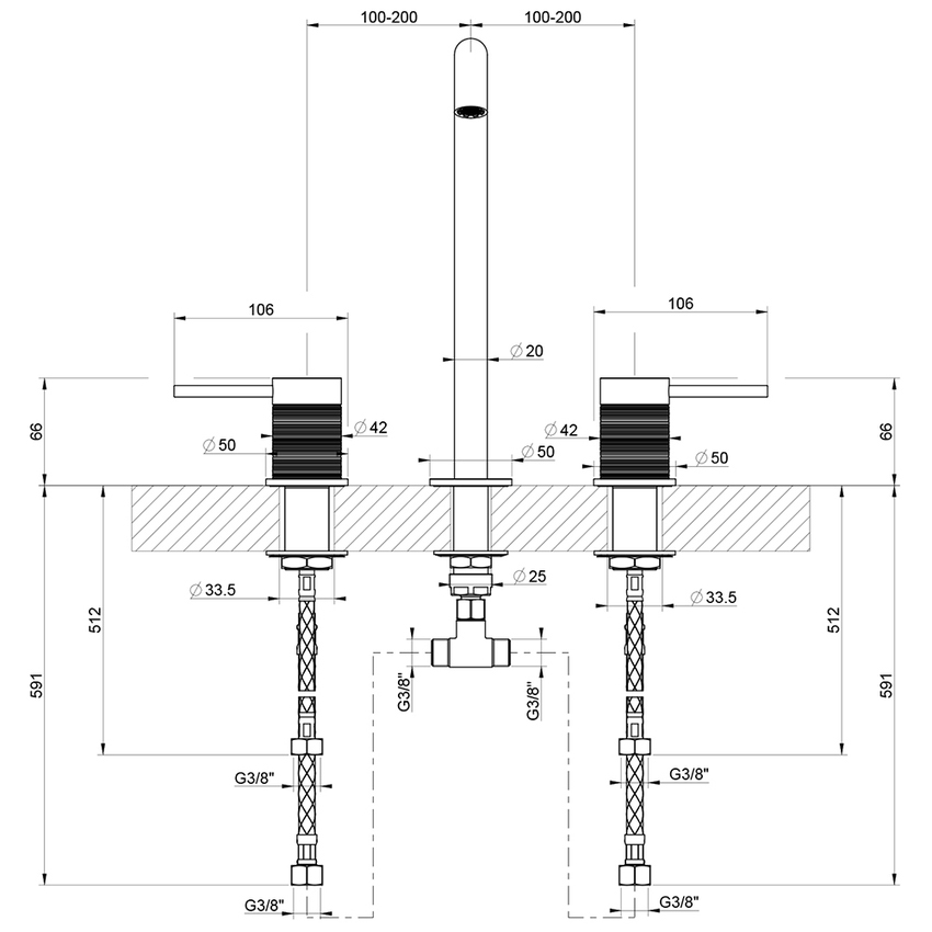 Immagine di Gessi 316 TRAME gruppo lavabo H.28 cm, tre fori, con bocca, senza scarico, con flessibili di collegamento, finitura steel brushed 54311#239