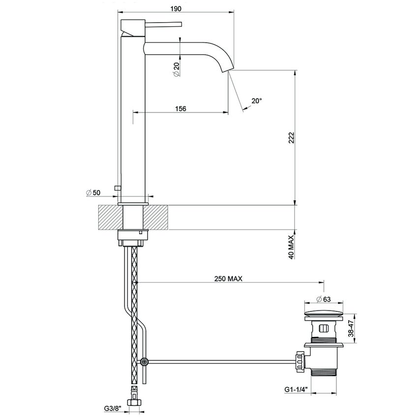 Immagine di Gessi 316 FLESSA miscelatore lavabo H.30 cm, con scarico e flessibili di collegamento, finitura steel brushed  54003#239