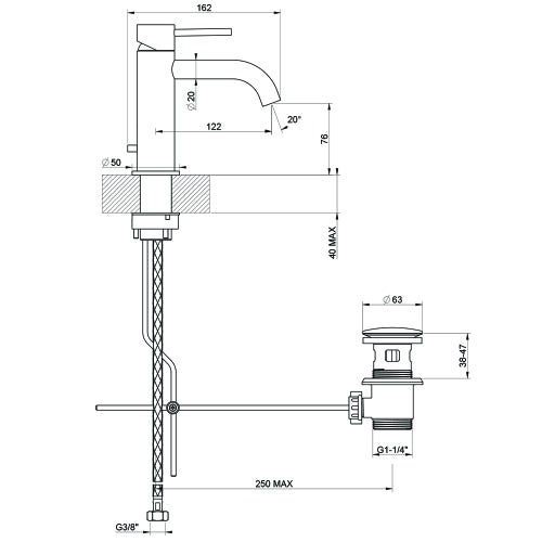 Immagine di Gessi 316 FLESSA miscelatore lavabo con scarico e flessibili di collegamento, finitura steel brushed 54001#239