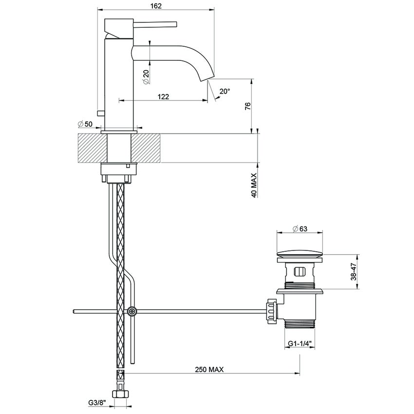 Immagine di Gessi 316 FLESSA miscelatore lavabo con scarico e flessibili di collegamento, finitura steel brushed 54001#239
