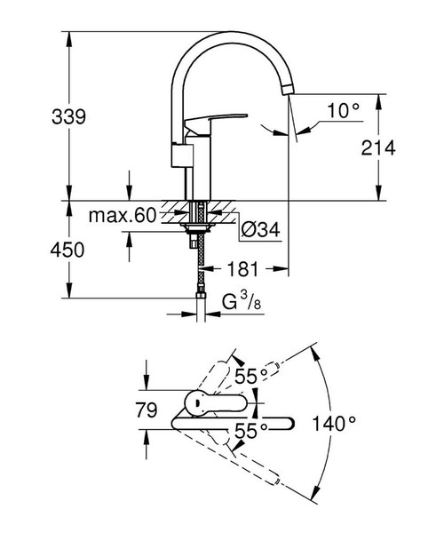 Immagine di Grohe EUROSTYLE COSMOPOLITAN miscelatore monocomando lavello, bocca alta, raggio di rotazione di 0°/150°/360°, GROHE StarLight®, GROHE SilkMove®, finitura cromo 30221002