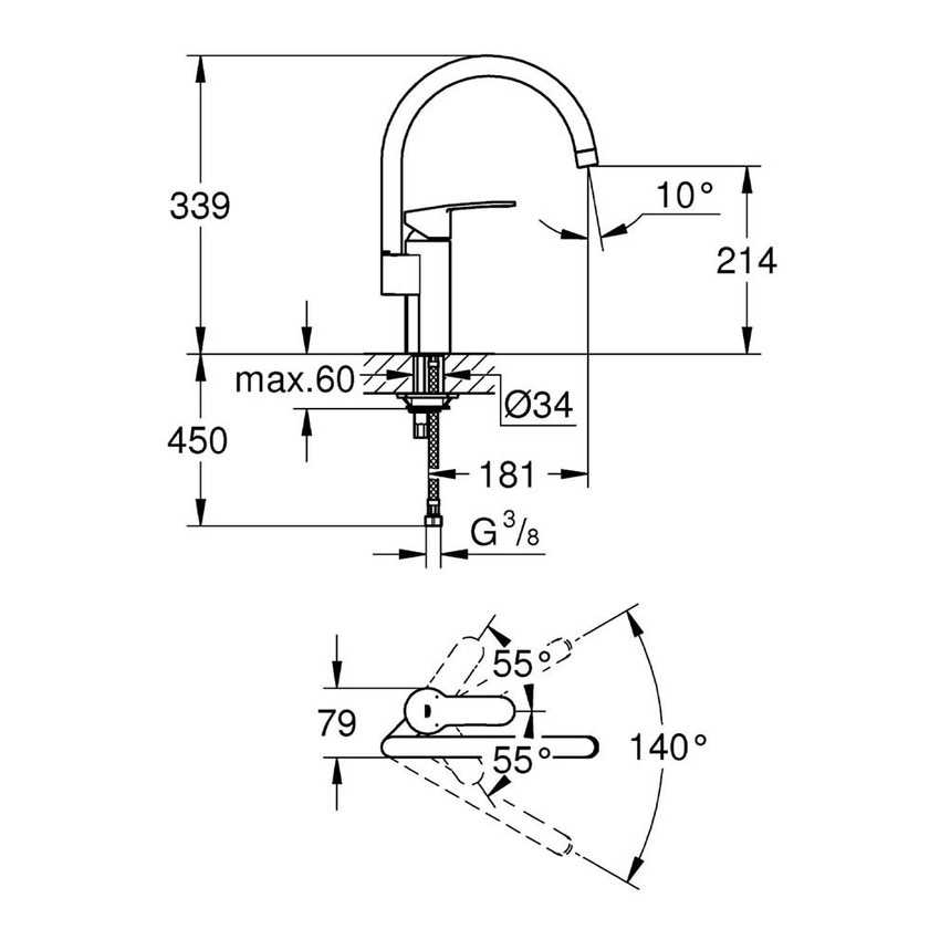 MISCELATORE LAVELLO GROHE EUROSTYLE COSMOPOLITAN CROMO BOCCA ALTA