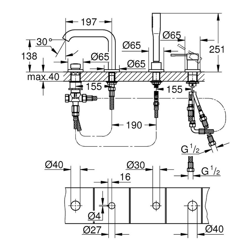 Immagine di Grohe Essence Miscelatore monocomando bordo vasca a 4 fori finitura cromo 19578001