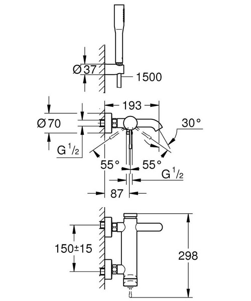 Immagine di Grohe Essence Rubinetto per vasca con installazione a parete e set doccia  finitura cromo 33628001