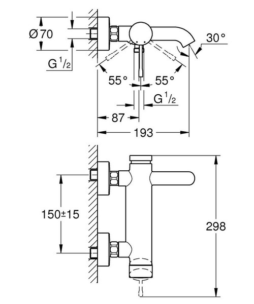 Immagine di Grohe Essence Rubinetto per vasca con installazione a parete, valvola di ritegno integrata finitura cromo 33624001