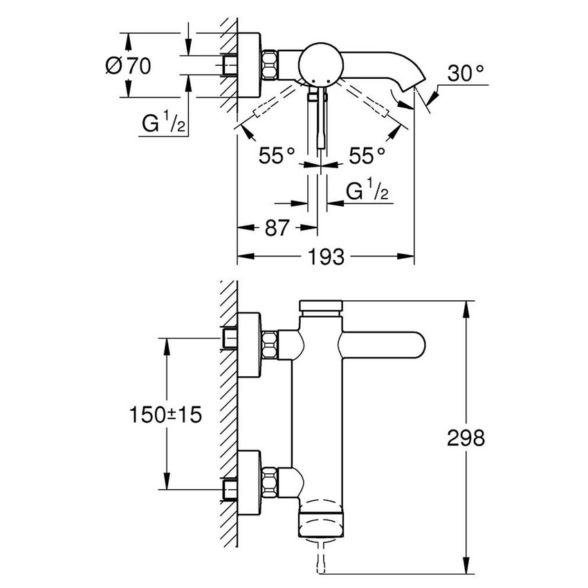 Immagine di Grohe Essence Rubinetto per vasca con installazione a parete, valvola di ritegno integrata finitura cromo 33624001