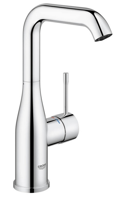Immagine di Grohe Essence Rubinetto per lavabo, corpo liscio, bocca alta, raggio di rotazione regolabile di 0°/150°/360°, GROHE EcoJoy®, AquaGuide finitura cromo 23541001