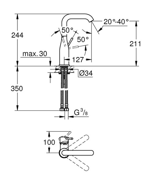 Immagine di Grohe Essence Rubinetto per lavabo, corpo liscio, bocca alta, raggio di rotazione regolabile di 0°/150°/360°, GROHE EcoJoy®, AquaGuide finitura cromo 23541001