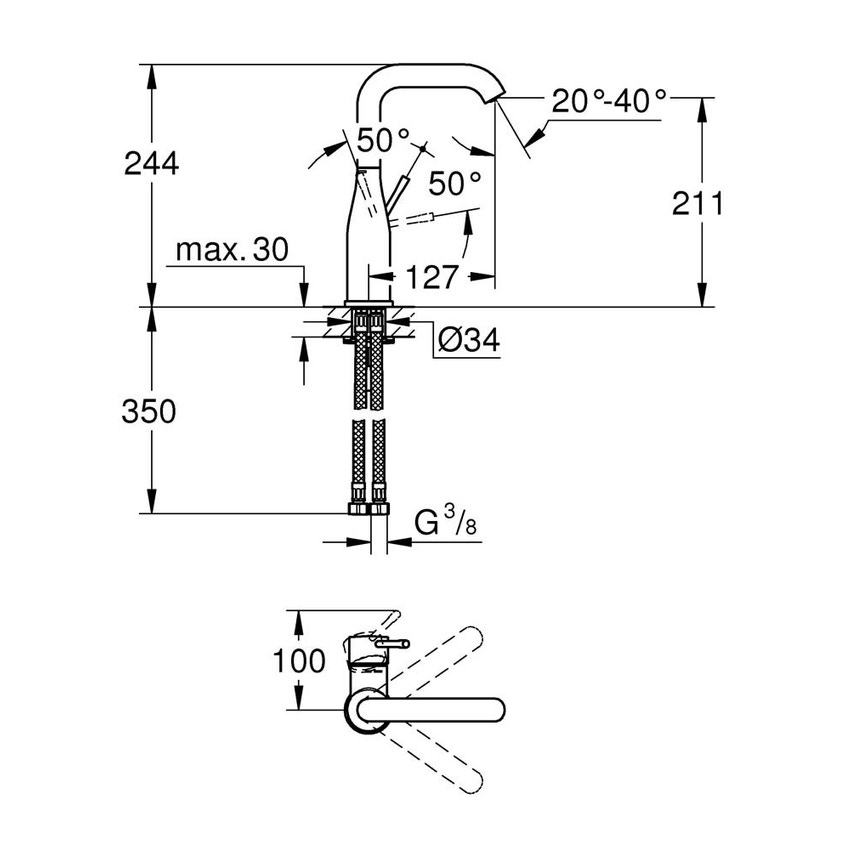 Immagine di Grohe Essence Rubinetto per lavabo, corpo liscio, bocca alta, raggio di rotazione regolabile di 0°/150°/360°, GROHE EcoJoy®, AquaGuide finitura cromo 23541001