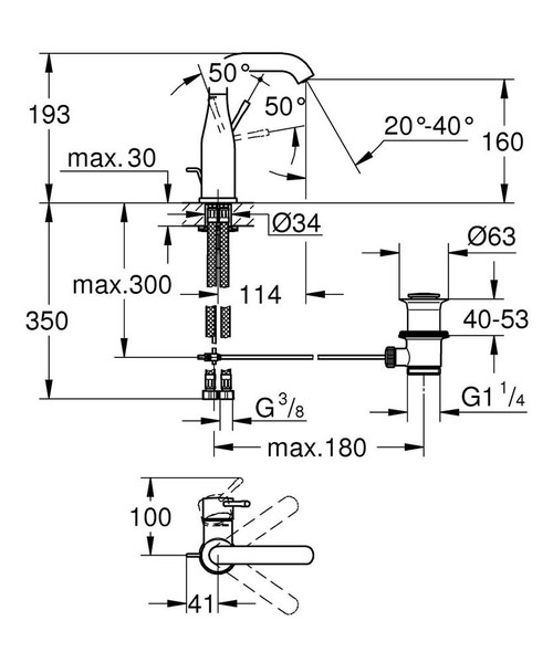 Immagine di Grohe Essence Rubinetto per lavabo, scarico a saltarello, bocca medio-alta, raggio di rotazione regolabile di 0°/150°/360°, GROHE EcoJoy® finitura cromo 23462001