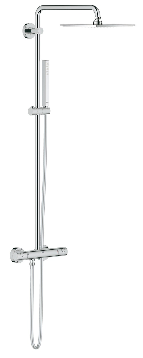 Immagine di Grohe EUPHORIA SYSTEM 230 sistema doccia con miscelatore termostatico, braccio soffione orientabile, soffione doccia 23 cm, manopola doccia e flessibile 175 cm, finitura cromo 26187000