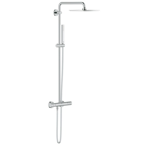 Immagine di Grohe EUPHORIA SYSTEM 230 sistema doccia con miscelatore termostatico, braccio soffione orientabile, soffione doccia 23 cm, manopola doccia e flessibile 175 cm, finitura cromo 26187000