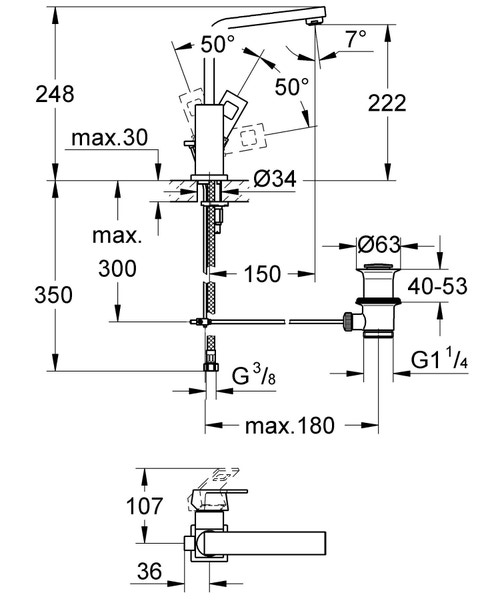 Immagine di Grohe EUROCUBE miscelatore monocomando H.25 cm, per lavabo, con scarico, bocca girevole e risparmio idrico, finitura cromo 2313500E