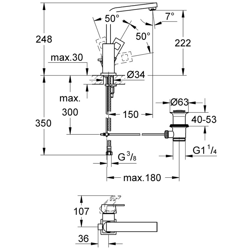 Immagine di Grohe EUROCUBE miscelatore monocomando H.25 cm, per lavabo, con scarico, bocca girevole e risparmio idrico, finitura cromo 2313500E