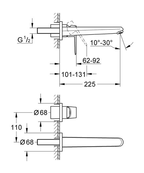 Immagine di Grohe EURODISC COSMOPOLITAN miscelatore a 2 fori per lavabo, a parete, bocca P.23 cm, con mousseur regolabile, senza corpo incasso, finitura cromo 19974002