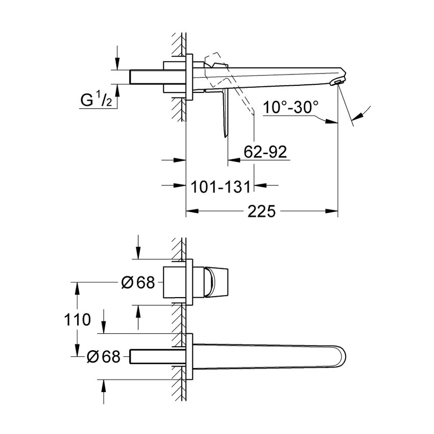 Immagine di Grohe EURODISC COSMOPOLITAN miscelatore a 2 fori per lavabo, a parete, bocca P.23 cm, con mousseur regolabile, senza corpo incasso, finitura cromo 19974002
