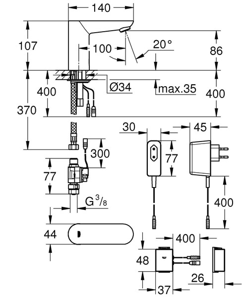 Immagine di Grohe EUROECO COSMOPOLITAN E rubinetto elettronico per lavabo, con comando ad infrarossi, sensore IR e Bluetooth per comunicazione bi-direzionale, finitura cromo 36409000