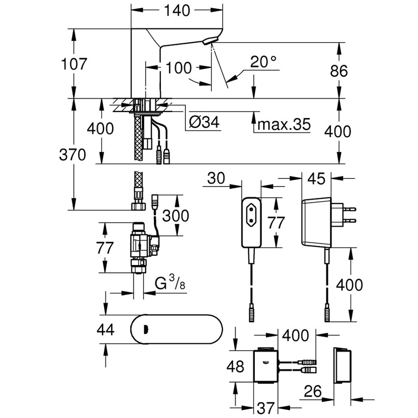 Immagine di Grohe EUROECO COSMOPOLITAN E rubinetto elettronico per lavabo, con comando ad infrarossi, sensore IR e Bluetooth per comunicazione bi-direzionale, finitura cromo 36409000