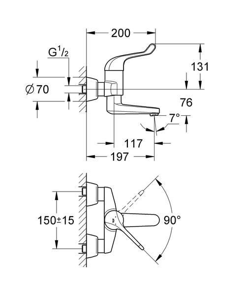 Immagine di Grohe EUROECO SPECIAL miscelatore monocomando P.18 cm, con movimento orizzontale, a parete, bocca girevole, dotato di limitatore di portata, finitura cromo 32792000